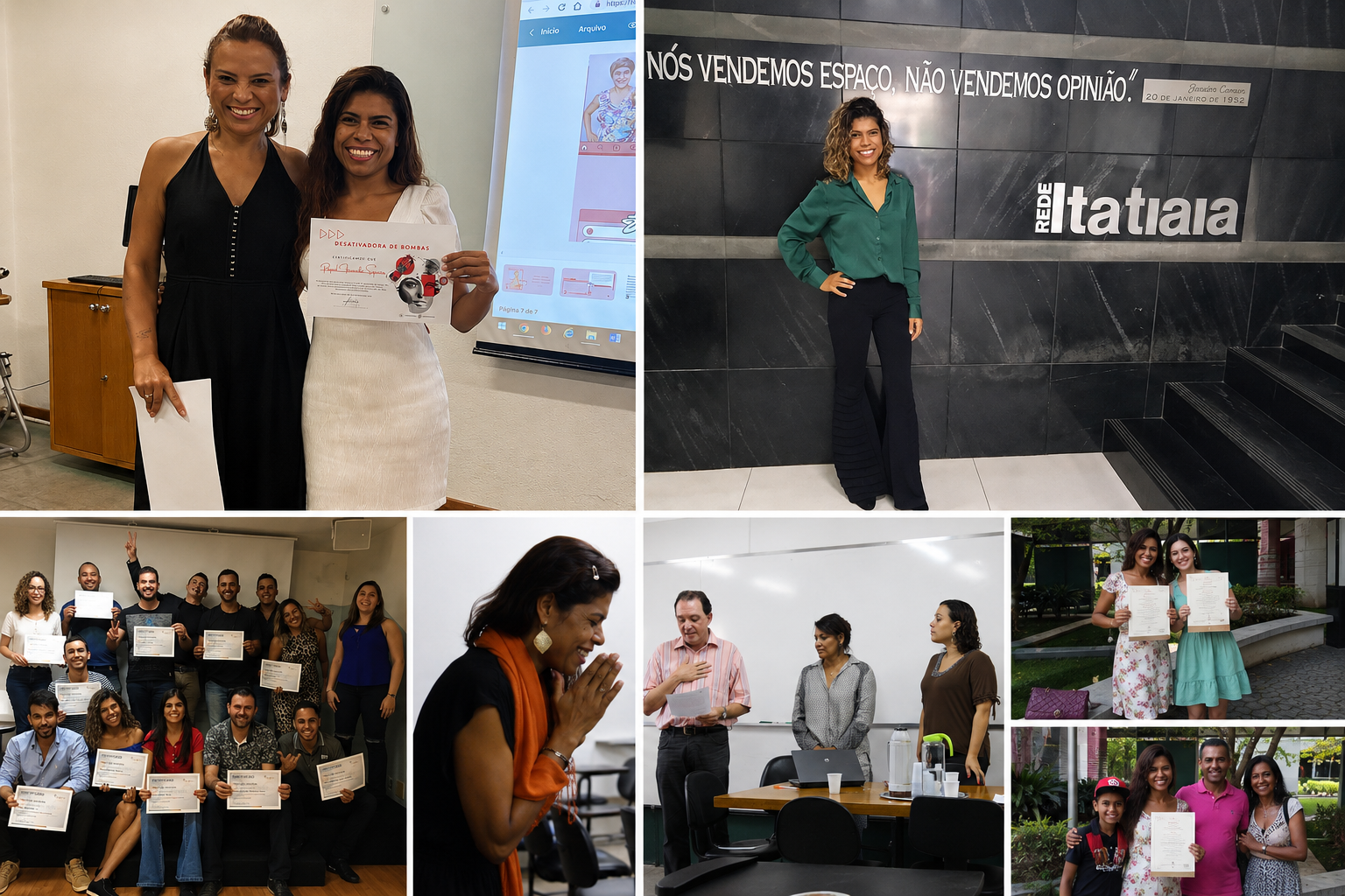 Montagem com fotos da trajetória acadêmica e profissional de Raquel Oliveira, incluindo a conclusão da graduação na UFMG, especialização na FUMEC, cursos de oratória, apresentações, entrevistas, certificados e momentos marcantes de desenvolvimento profissional na área de comunicação.