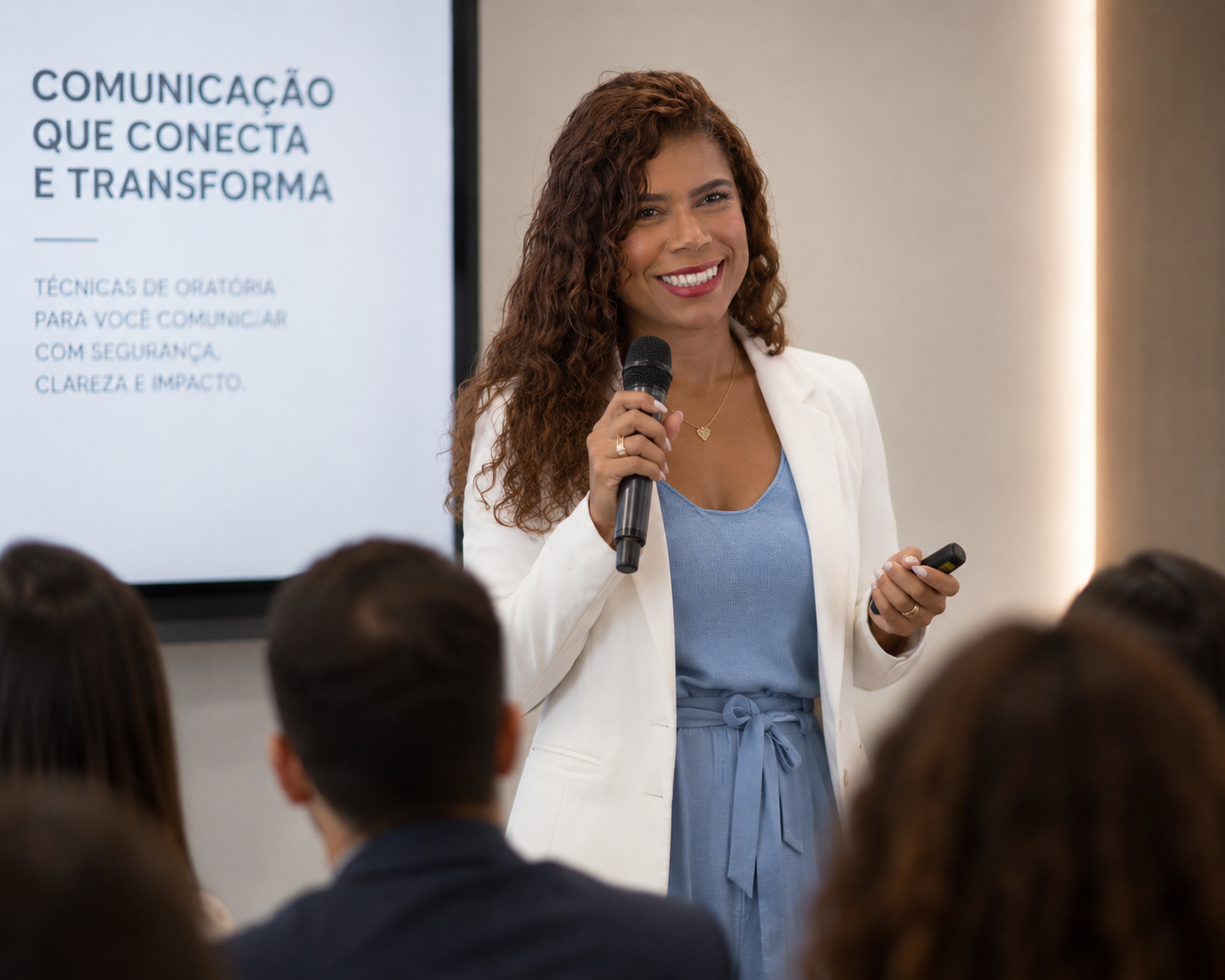 Raquel Oliveira ministrando palestra sobre comunicação e oratória para público corporativo.